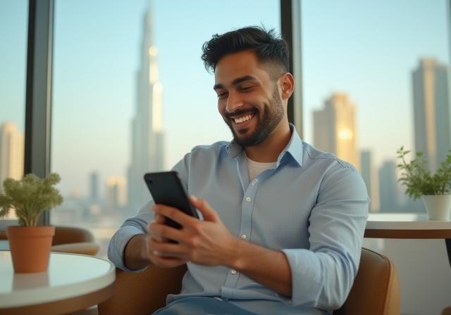 شاب يستخدم الهاتف المتحرك لإعادة الشحن بسهولة