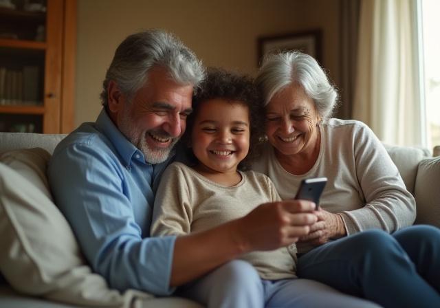 عائلة سعيدة تتواصل عبر الهاتف المحمول